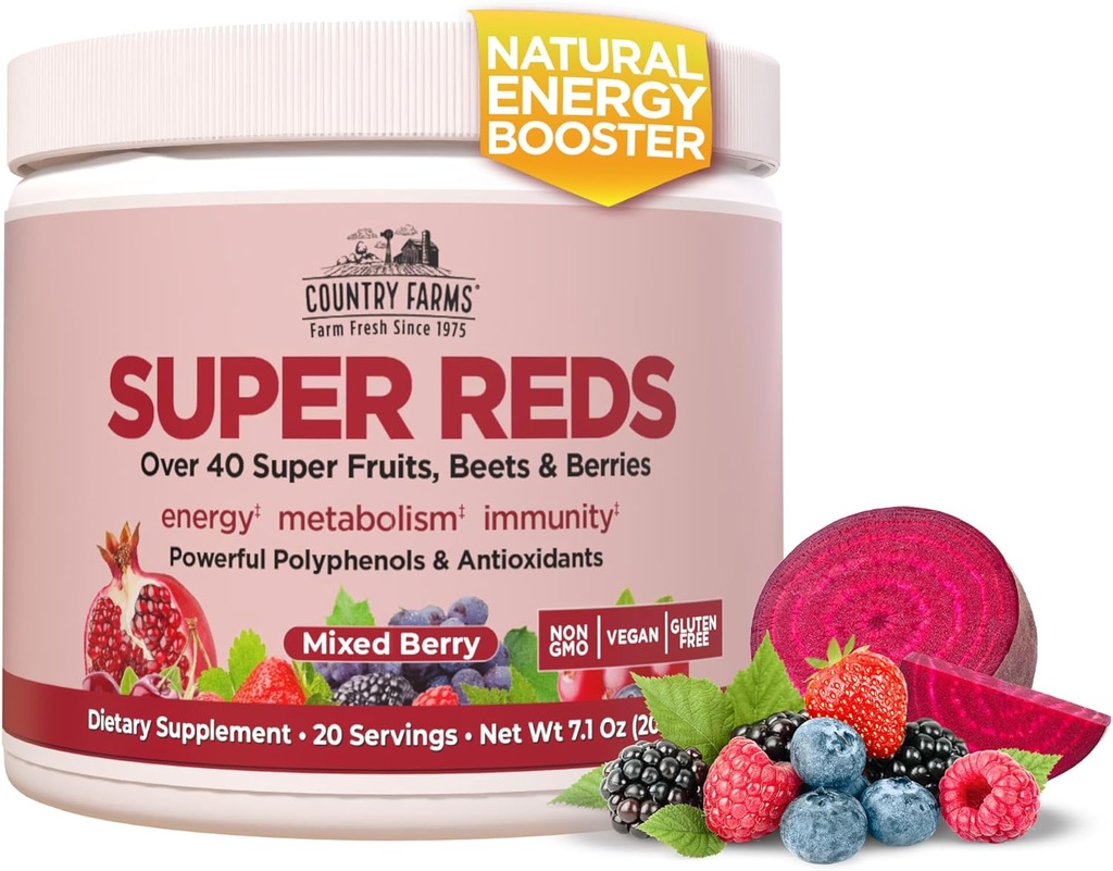 KRAJINA FARMY Super Reds, Energizing Polyfenol Superfood, 48 Super Ovocie a bobuľové plody, Výkonný Antioxidanty a polyfenoly, Podpora Energia, 20 Servisné, Zmiešané Berry Flavor