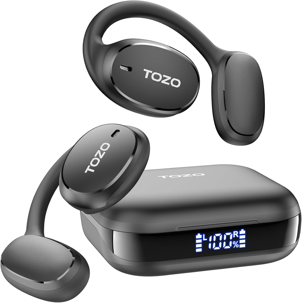TOZO OpenEgo Open Earbuds Bluetooth slúchadlá, 80Hrs Playtime Wireless Earbuds with Earhooks, Digital Display, 32 EQ mods, Clear Call, Pohodlné oblečenie, Pot-Proof pre beh cvičenie Black