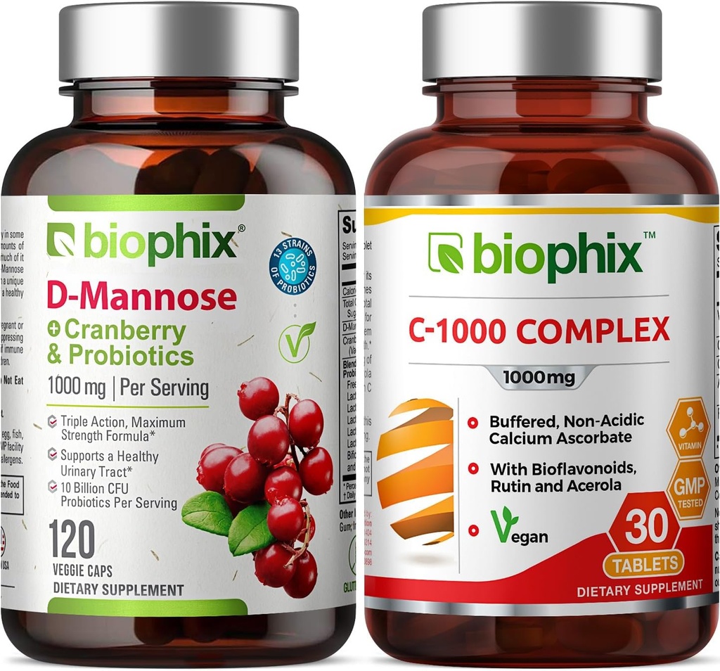 Biophix D- Mannose Plus Cranberry Probiotiká 1000 mg 120 Vkaps - Voľný vitamín C- 1000 30 Tablety - Podporuje močový močový mechúr Tract Zdravie a tráviace