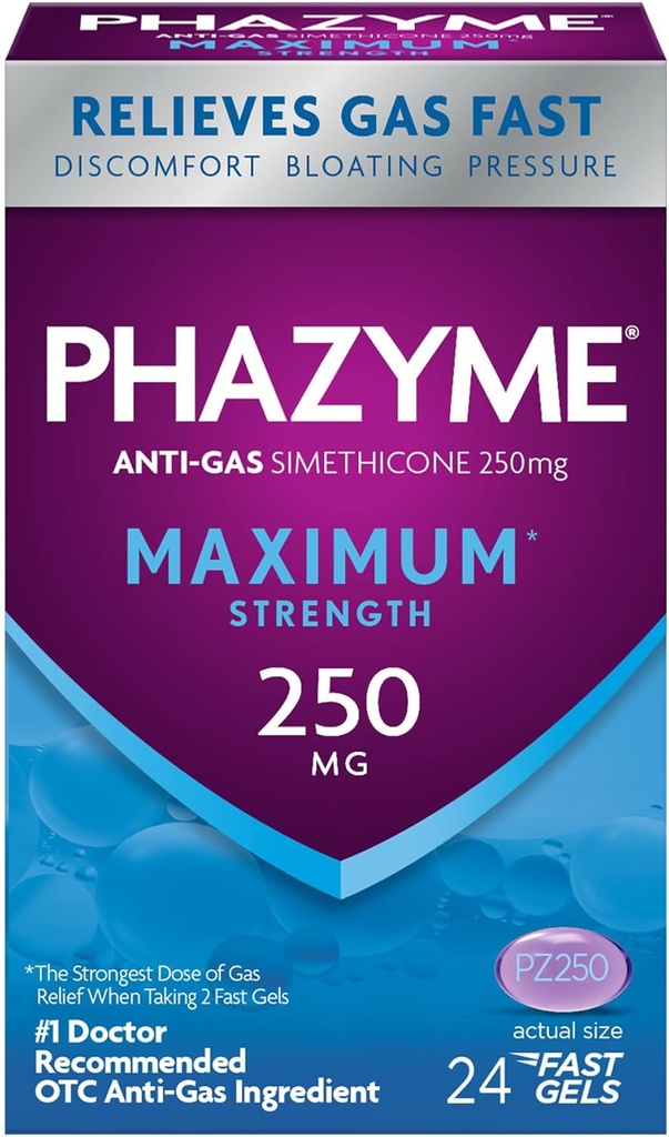 Phazyme Maximum * Sila Anti-Gas 250 mg Simeticone Gas Relief pre dospelých, Rýchle gély Rýchle odparovanie, Tlak & nepohodlie, 24 Počet