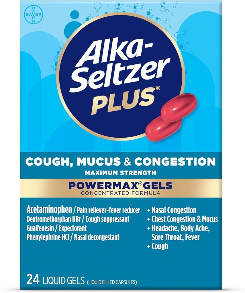 Alka-Seltzer Plus Maximálna sila Kašeľ, hlienu a kongescie Powermax Tekuté gély, Rýchle a efektívne kongescie hrudníka Relief, Kašeľ Supresant, Pre dospelých a deti 12 Roky a staršie 24 Počet