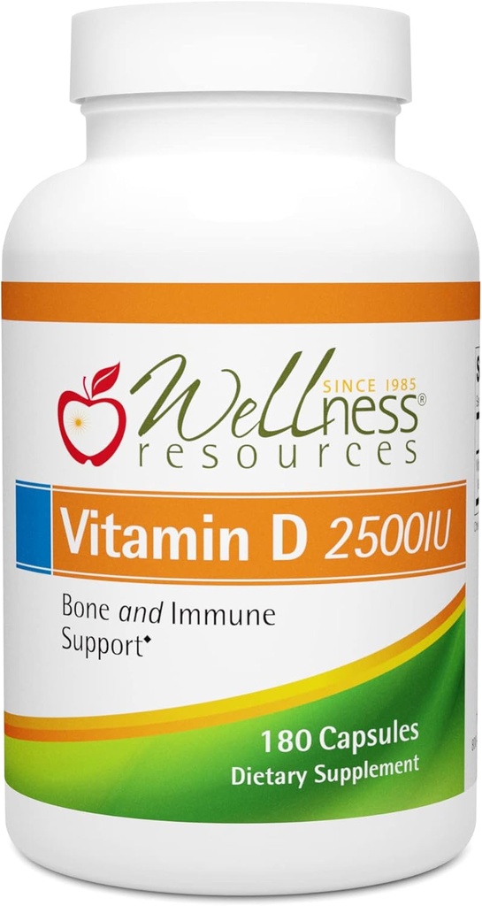 Wellness Resources Vitamín D - 2500 IU Vitamín D3 bez sóje (180 Veggie Capsules)