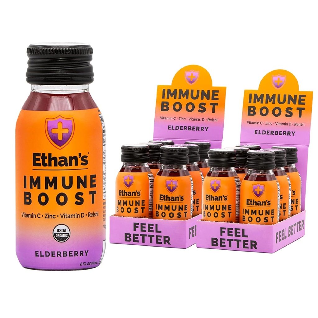 Ethan's Organic Immune Boost výstrely, bazová chuť. Cíť sa lepšie. Imunitná podpora, vyrobený s skutočným ovocím, vitamínom C, vitamínom D, reishi, zinok, bez pridaného cukru (12 balenie s 2oz Shots)