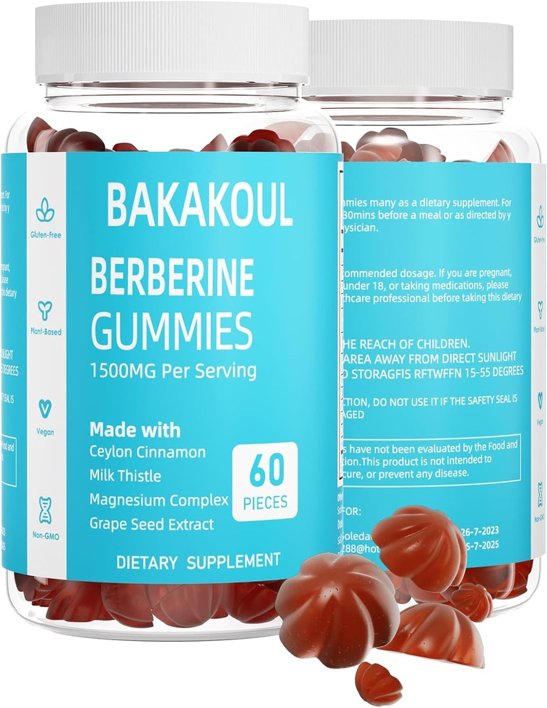 Berberine s škoricovými guličkami Ceylon, berberberíny bez cukru 1500 mg a škoricou Ceylon 500 mg, gumičky s vysokou potenciou Berberine s komplexom horčíka a mliekom, 60 gmies