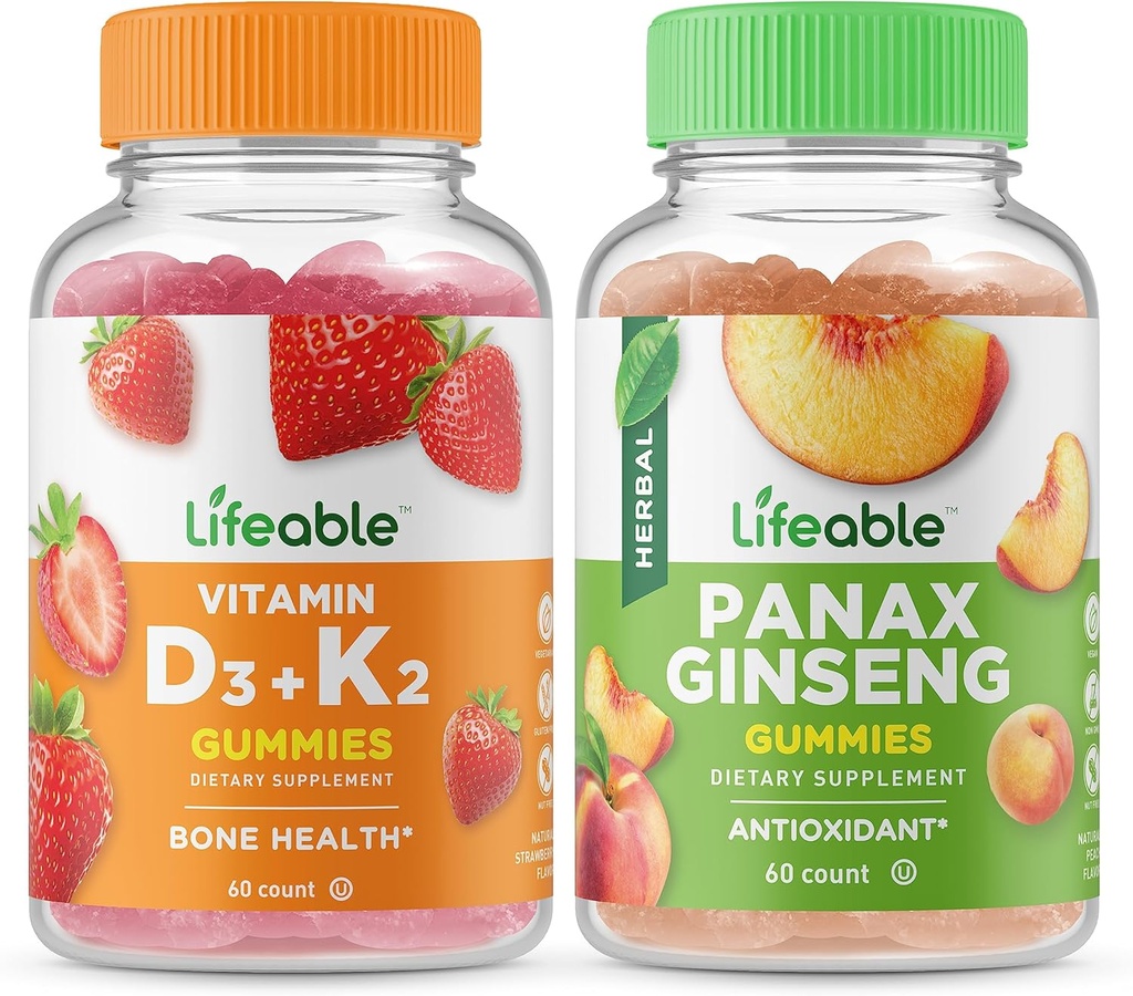 Životaschopný vitamín D3 + vitamín K2 + Panax ženšen, Gummy Bundle - veľké ochutnávky, vitamínové doplnky, bez lepidla, bez GMO, žuvacia Gummy