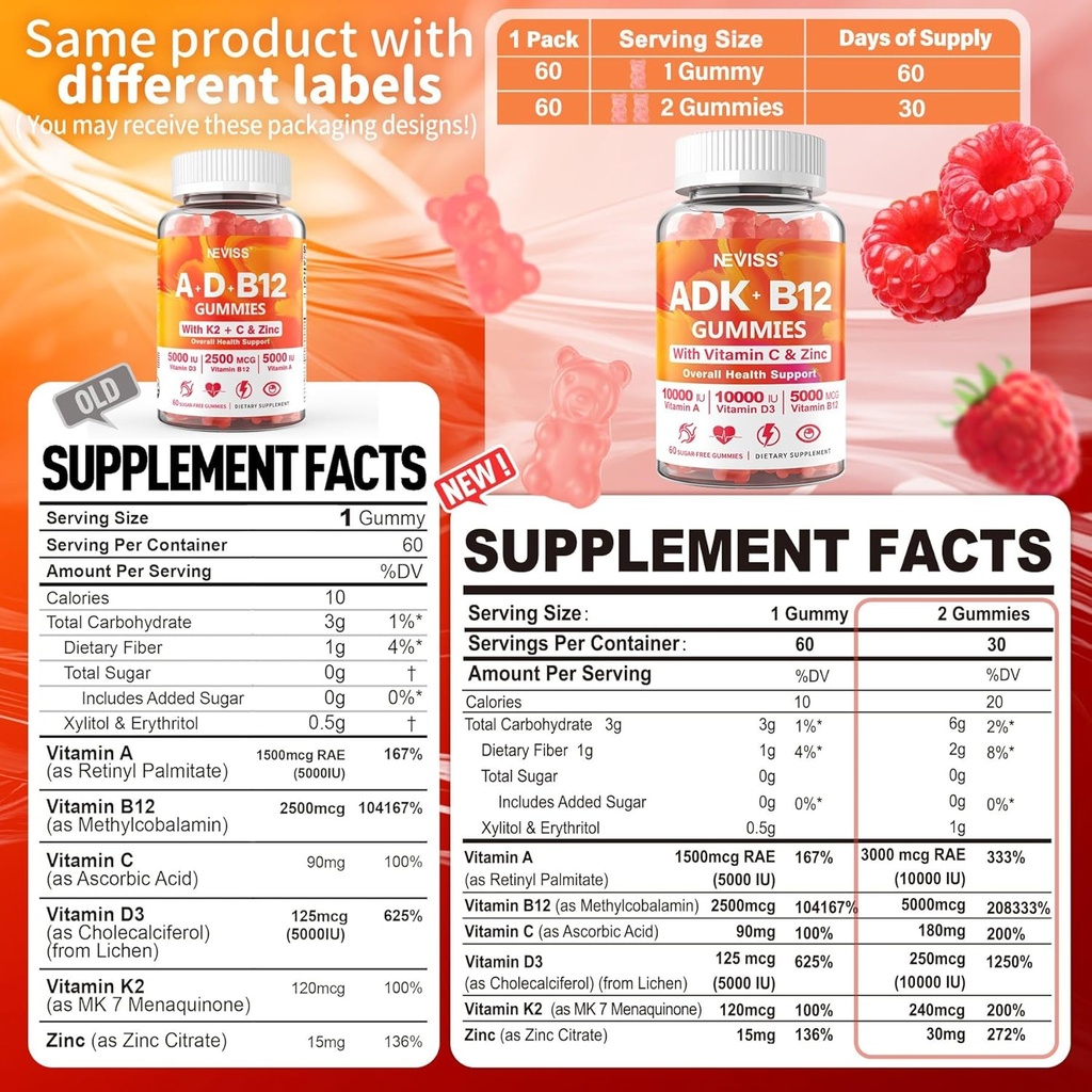 NEVISS 2Pack vitamín ADK s B12 Gumamies + 1Pack Glukozamín naplnené Gummies