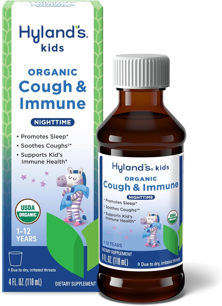 Hyland's Kids Nighttime Organic Cough Sirup and Immune Support with Agave, Elderberry and Pomegranate, Sootes Cough, and Supports Imunity, 4 Fl. Oz.