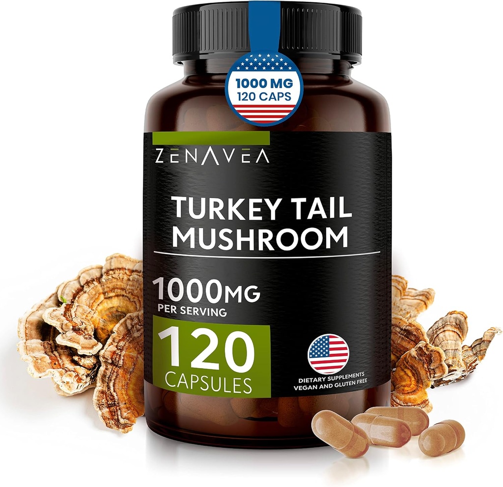 Turecko chvostové huby Kapsule Immune System Support, Antioxydant and Digestive Properties - Huby Supplement 1000mg - 120 Kapsule - Rovnocenné 15,000 mg organického Turecka chvost