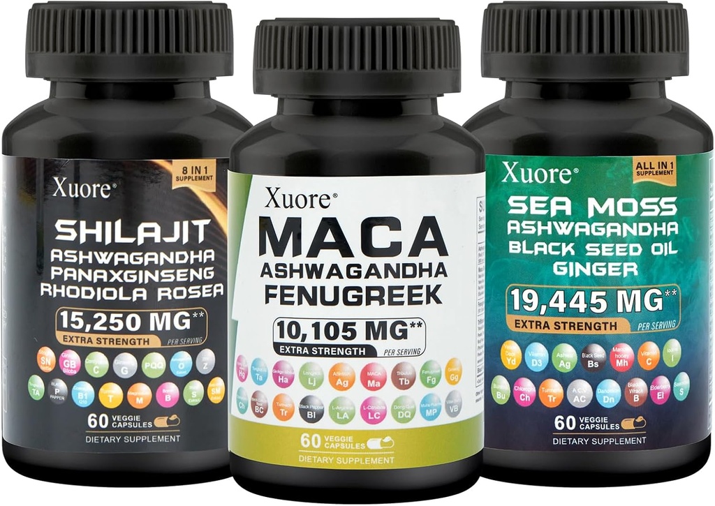 Bundle of Sea Moss,Shilajit,Maca, Black Seed Oil, Ashwagandha, Ginger, Shilajit, Rhodiola Rosea, Panax Ginseng, Maca Root, Fenugreek, Trifibranol100X,Všetky v jednom dodatku (1 balenie)
