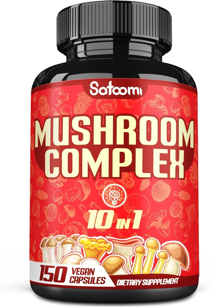 Satoomi 10in1 Mushroom Complex Doplnky - 5 Mesiac Zásobovanie - Miešané s Lions Mane, Cordyceps, Reishi, Chaga, Maitake, Shitake a iné - Podpora pre školy - 150 Kapsule