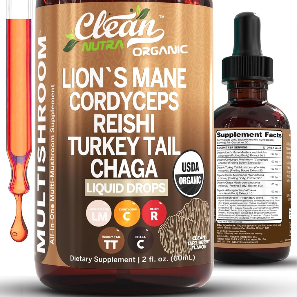 Organické Levy Mane Huba Supplement Liquid kvapky + Turecko Chvost Cordyceps Reishi Chaga Shitake Maitake Tremella Oyster Huby Poria a Enokitake Complex Blend by Clean Nutra