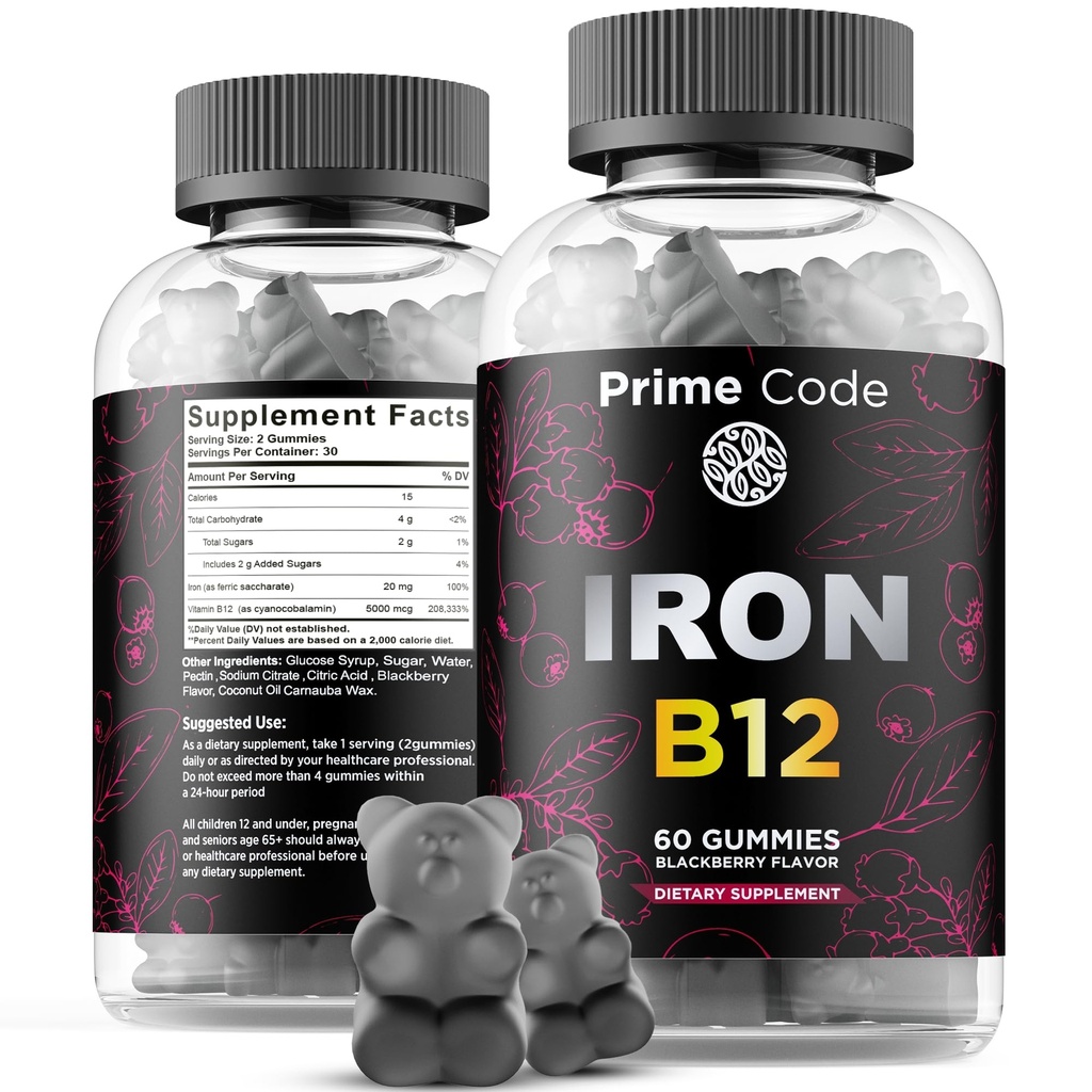 Vitamin B12 Gummies for Women & Men, 20mg Iron Supplement for Adults, Free Blood Builder for Anemia, Vitamin B12 Gummies with Iron & Natural Blackberry Flavor, Vegan, Non-GMO, 30 Day Supply