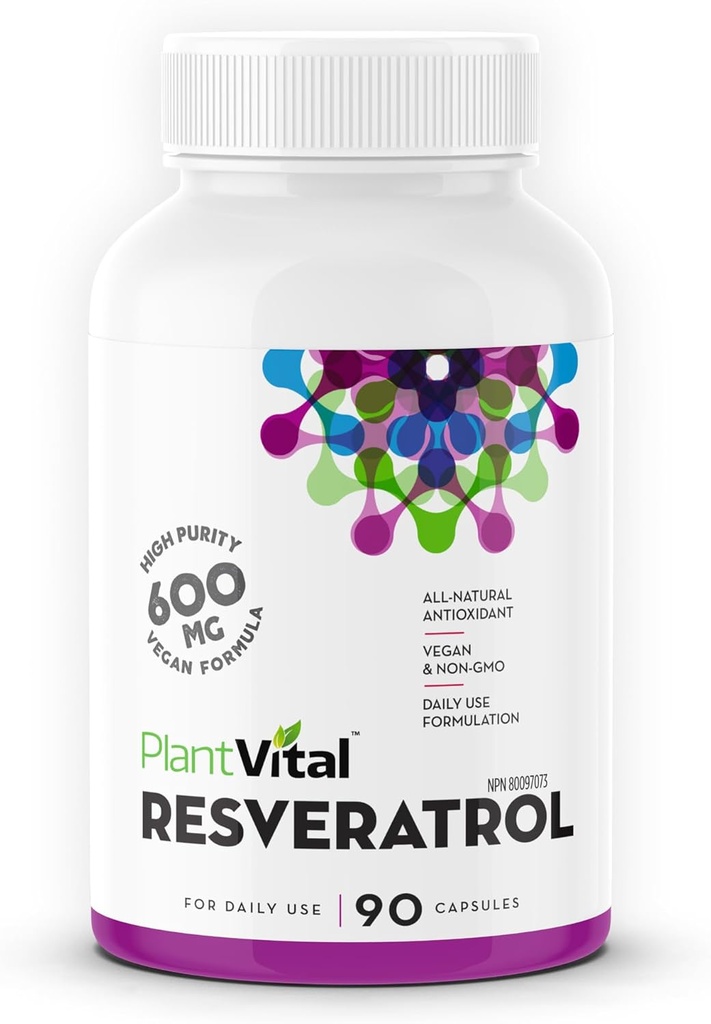 Plantvital Resveratrol 600mg - 90 Vegan Resveratrol Kapsule - Vysoká čistota Trans Resveratrol Supplement - Antioxidant - Non-GMO, Gluten-Free