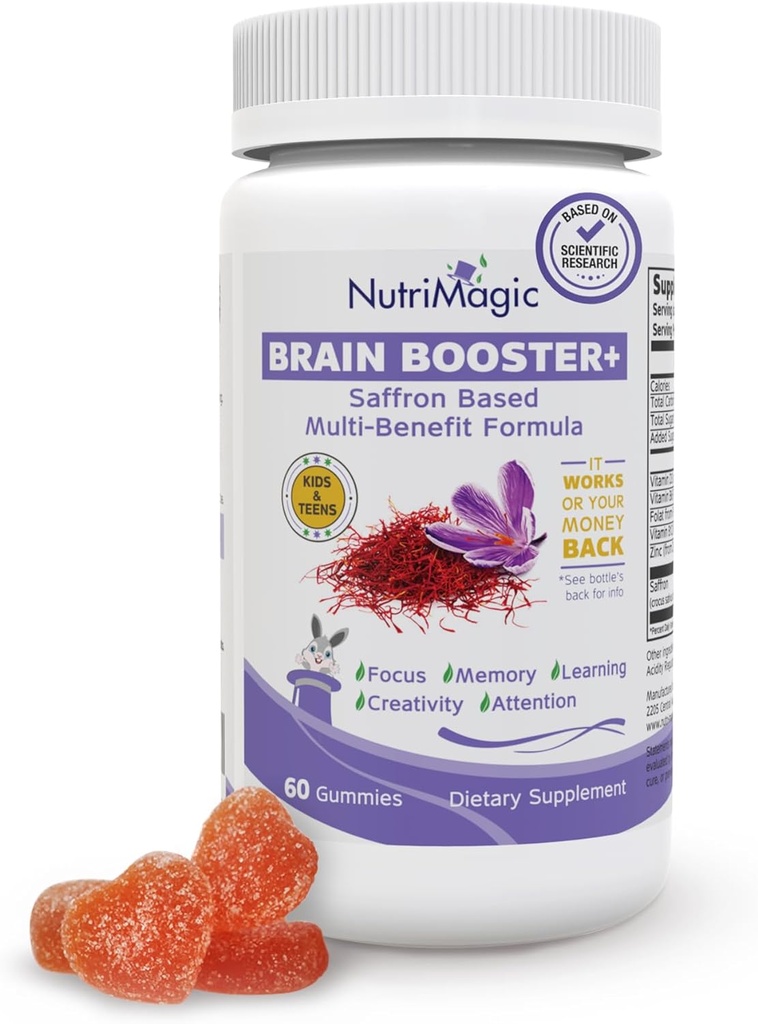 Brain Booster+ 30mg Pure Saffron Extract Gummies & Multivitamin D3, B6, B12, Zinc, Supports Kids Brain Health, Focus, Memory, Attention, Mood Balance, Non-GMO Kids Supplement, 30x Servings