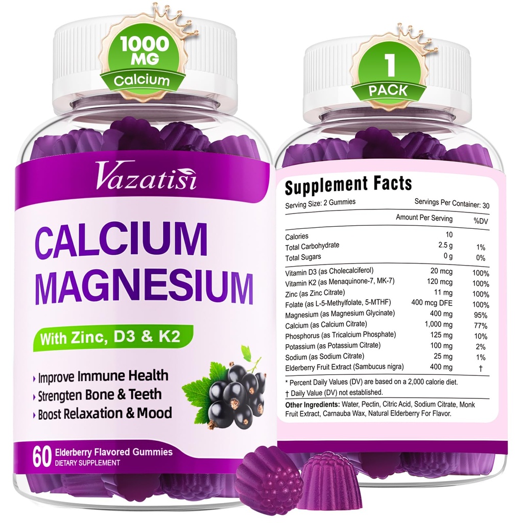 Kalcium Magnézium Zinok Gumies s vitamínom D3 a K2, vysoká absorpcia Magnézium Glycinát Draslík pre imunitné a svalové tkanivo, Vegánska bazová príchuť 60 Gumies