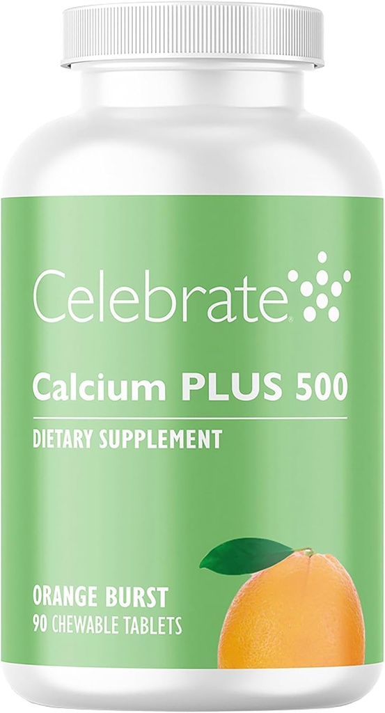 Oslavujte vitamíny Vápnik Plus 500 Bariatrický Vápnik Citrát s vitamínom D3 Žuvateľný, 500 mg, bezlepok a bez cukru, Citrát vápenatý pre bariatrických pacientov, Orange Burst, 90 počet
