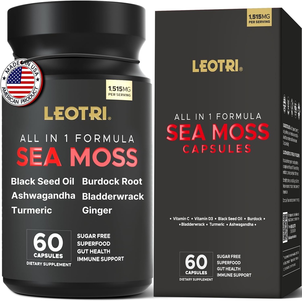 Organické Irish Sea Moss Kapsule: Sea Moss 10500mg Black Seed Oil 6000mg Turmerica 3000mg Ashwagandha 3000mg Bladderwrack 3000mg Burdock Root 3000mg Ginger for Skin Gut Health Superfood 60 Kapsule