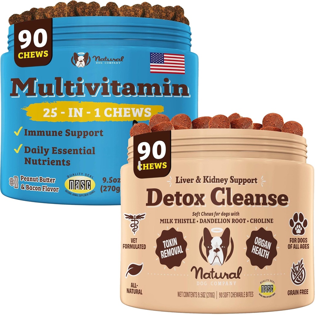 Natural Dog Company Multivitamín & Pečeň & Obličky Žuvačky Žuvačky - komplexná zdravotná podpora pre seniorov, podporuje detoxikáciu, zlepšenie trávenia, Radiant Skin & Coat, jednoduché podanie