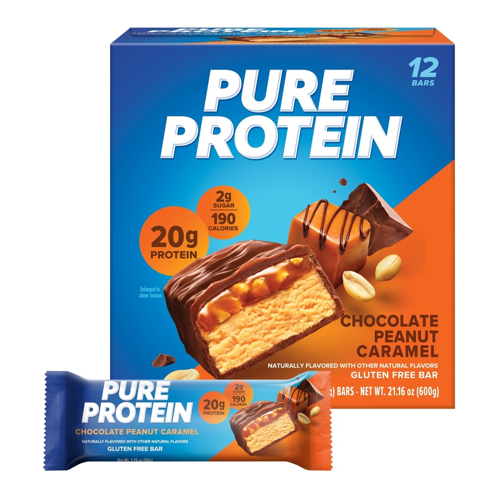 Čisté proteínové tyčinky, vysoký Bielkoviny, Nutritívne nánosy na podporu energie, nízky cukor, bezlepok, čokoládový arašidový karamel, 1.76oz, 12 grófov (Packaging May Vary)