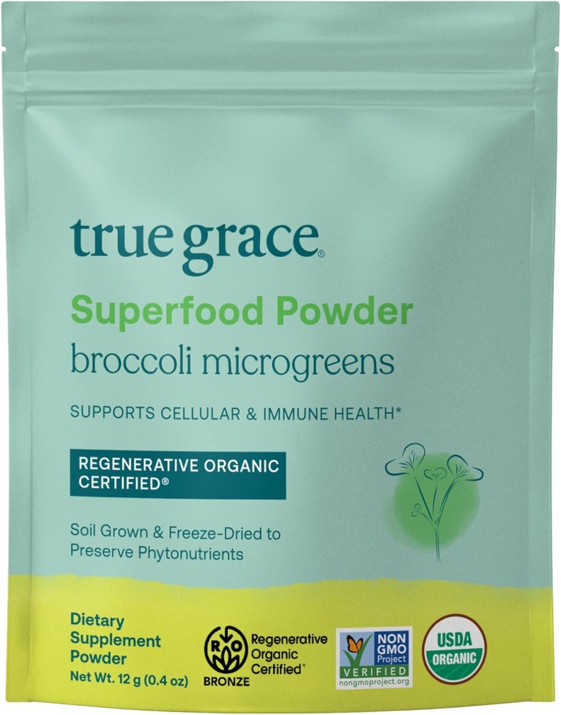 Pravá Grace brokolica Microgerry - 0.4 oz - Denné Superfood prášok pre Cellular & Immune Health - Gluten & Soy Free, Vegan, Regenerative Organic Certified - 30 Servings
