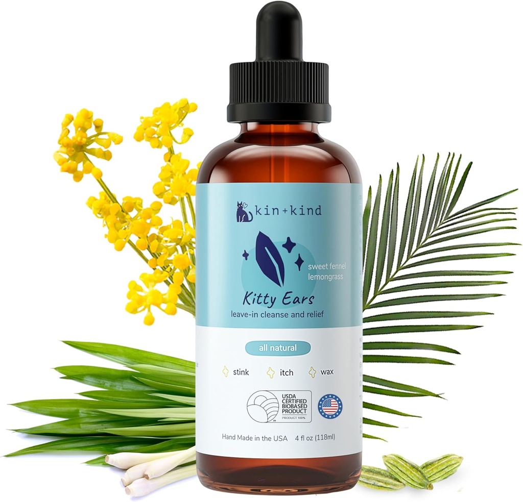 kin+kind mačacie ucho Čistič - mačacie ucho kvapky, Vet Ear Solution, Eliminuje vosk, zápach a svrbenie podráždenie, Mačacie ucho Čistič riešenie, prírodné in-dome Domáce domáce domáce zvierat grooming - Made in USA