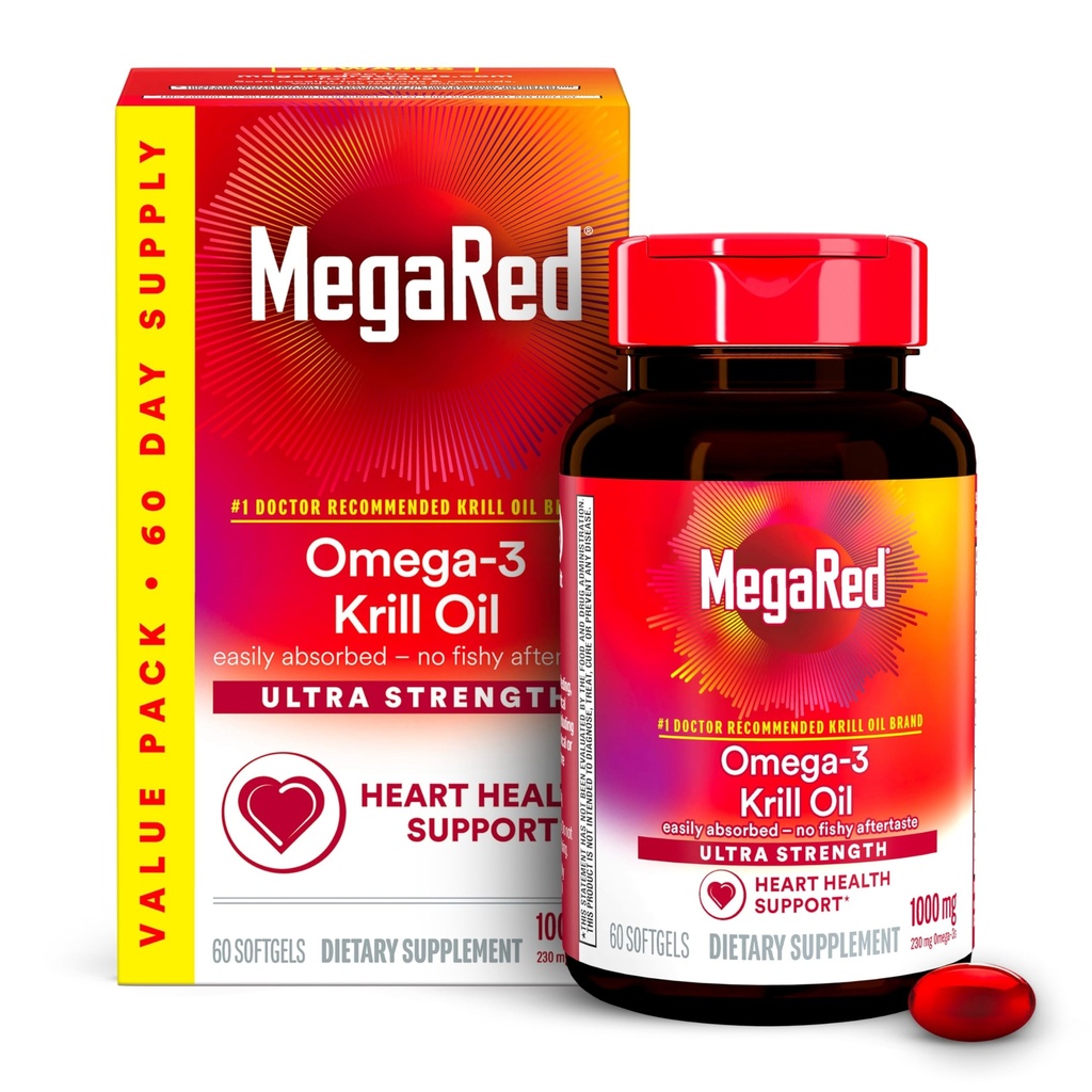 MegaRed Ultra Strength 1000mg Omega-3 Krill Oil Supplement with EPA/DHA, Astaxantín & Fosfolipidy, Žiadny rybí olej dochuť podporuje srdce, mozog, kĺb a zdravie očí, 60 gróf Softgels.
