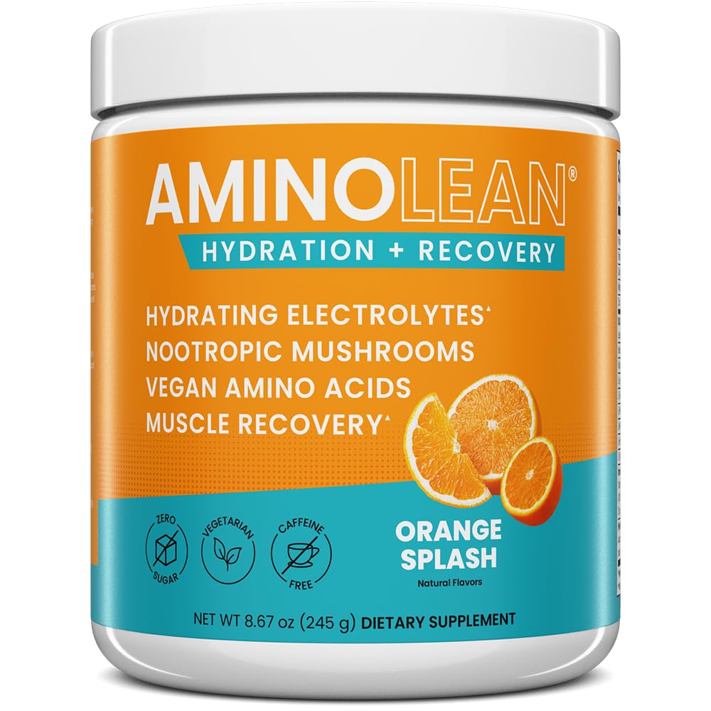 AminoLean Hydrating Electrolyte Powder and Recovery Drink with Sea Minerals, Nootropic Huby, and Vegan Amino Acids, BCAA + EAAs for Post Workout Muscle Building, Orange Splash