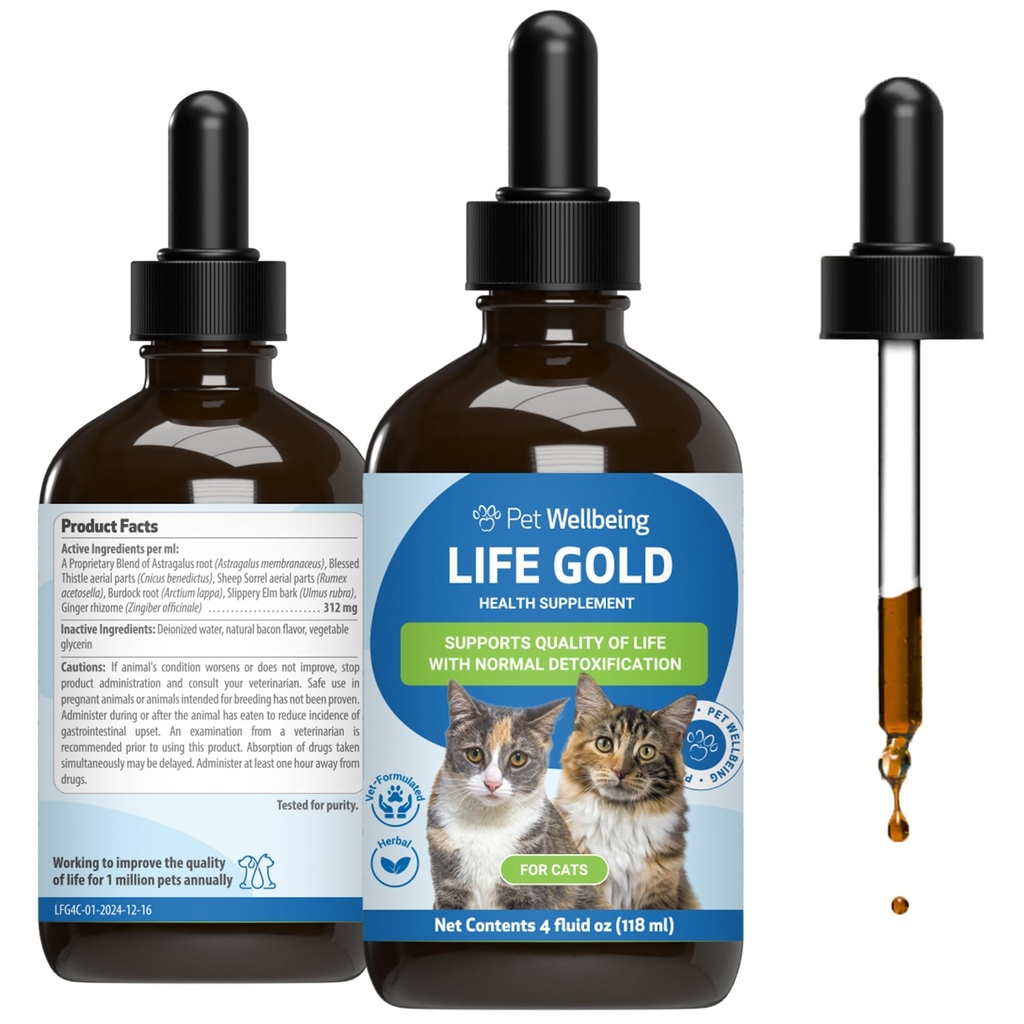 Pet Wellbeing Life Gold pre mačky - Podpora detoxikácie, Imunitný systém zdravie, Antioxidanty - Vet-formulované bylinné doplnok 