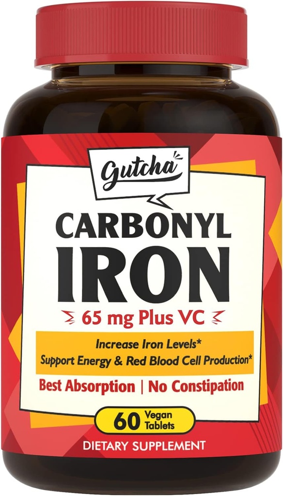 Supplement železo, 65 mg karbonylu železa Plus vitamín C, energia a podpora krvi pre ženy a mužov, lepšia absorpcia, jemný na žalúdku, žiadna nevoľnosť, žiadna zápcha, Vegan, non-GMO, 60 Ct