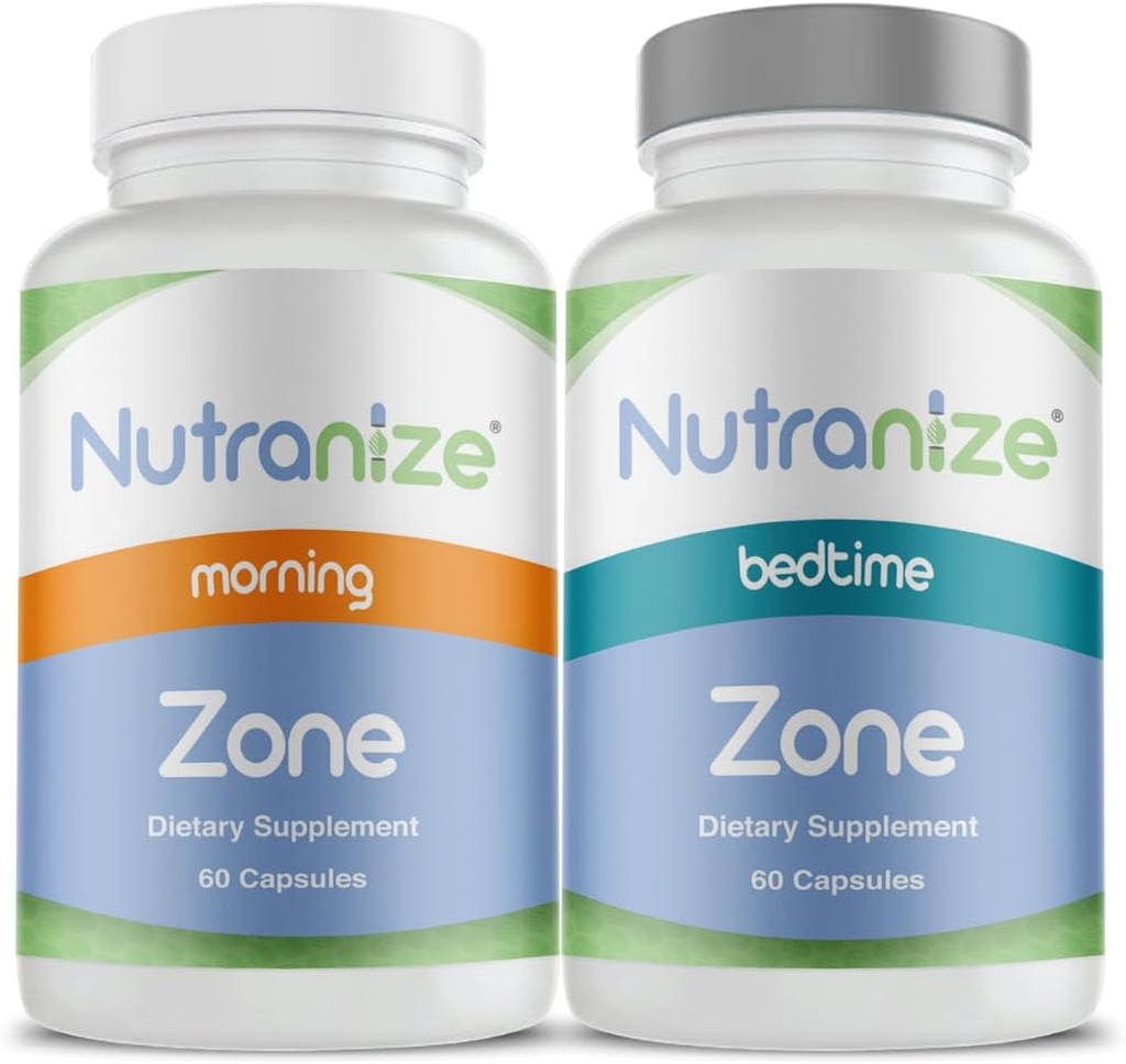 Nutranize Zone Twin-Pack Supplement System - Pharmacist-Designed Morning & Beedtime Capsules with Magnézium Glycinát, Vitamín D3, K2 MK7, Metylfolát, Chróm, Melatonín - 30 Day Supply (120 gróf)