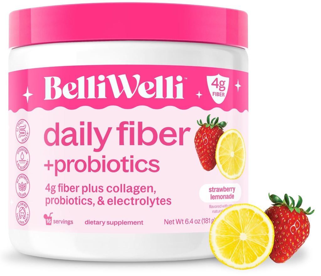 Belli Welli Fiber Supplement for Women&Men, Premium Daily Fiber Powder from Organic Acacia with Added Collagen, Electrolytes&Probiotiká, No Bloat, Zápcha&Gut Health Support (Jahodová limonáda)