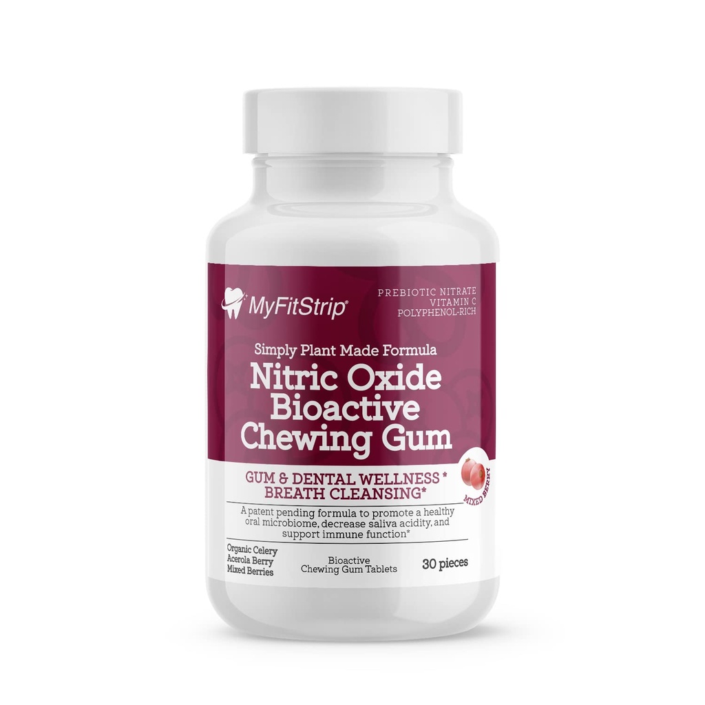 Rastlinné prebiotické žuvačky oxidu dusnatého podľa MyFitStrip - Organické prebiotické Niter Leafy Zeler Greens, Acerola Berry, Temné plody bohaté na polyfenol a Xylitol Formula - v 30 bioaktívnych tabletách