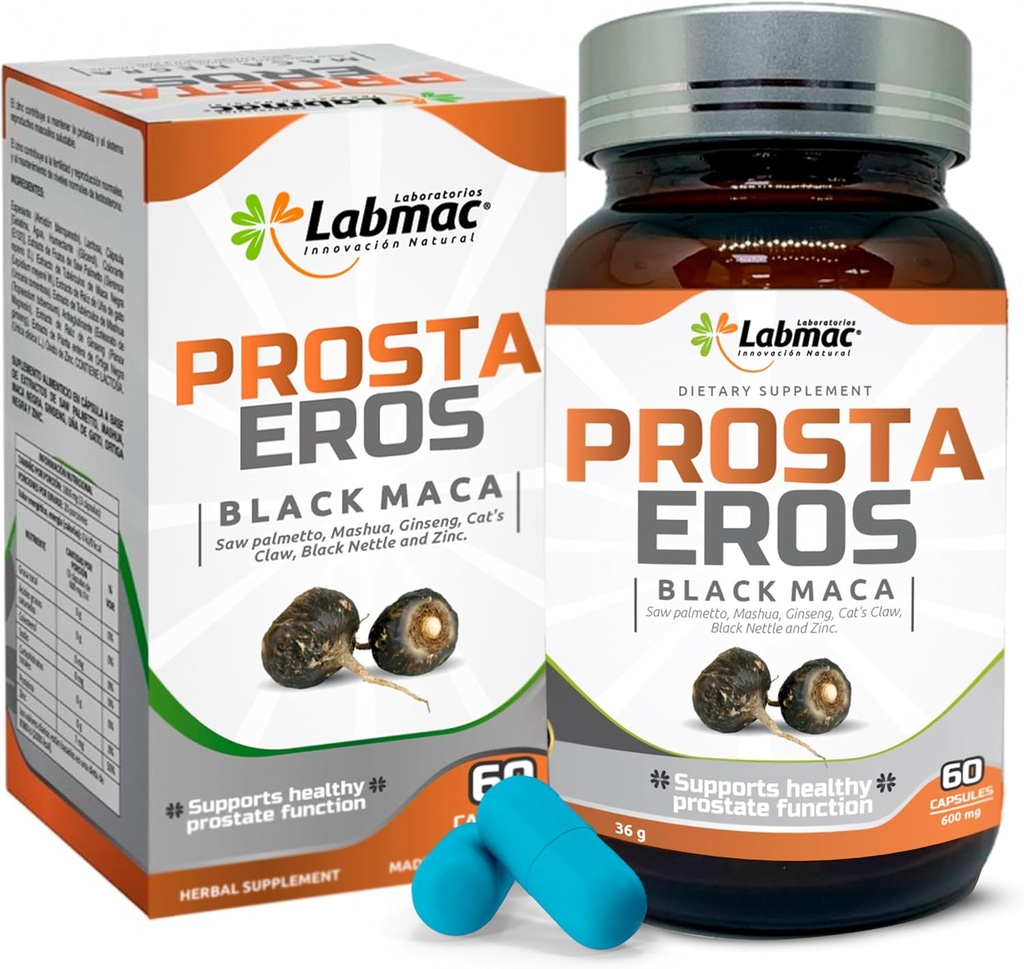 ProstaEros- Prostate Support Supplement - 7 Natural Ingredients- Black Maca, Saw Palmetto, Mashua, Cat's Claw, Gingseg, Black Nettle a Zinok. Kapsule 60 Počet (Súprava 1)