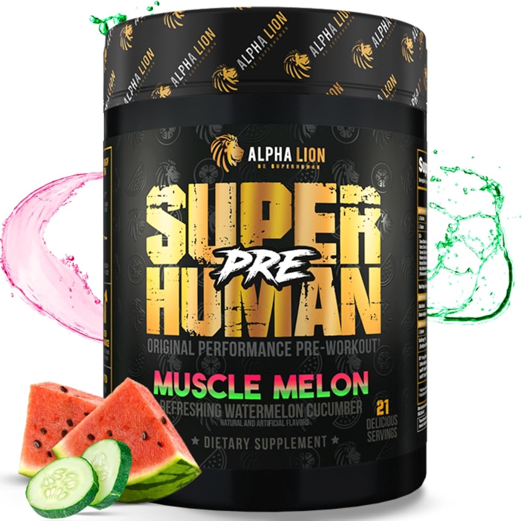 ALPHA LION Superhuman Pre Workout Powder, Beta Alanine, L-Taurine & Tri-Source Kofeín pre udržateľnú energiu a zameranie, Oxid dusnatý a Citrulín pre čerpadlá (21 Servíry, Melón svalov)