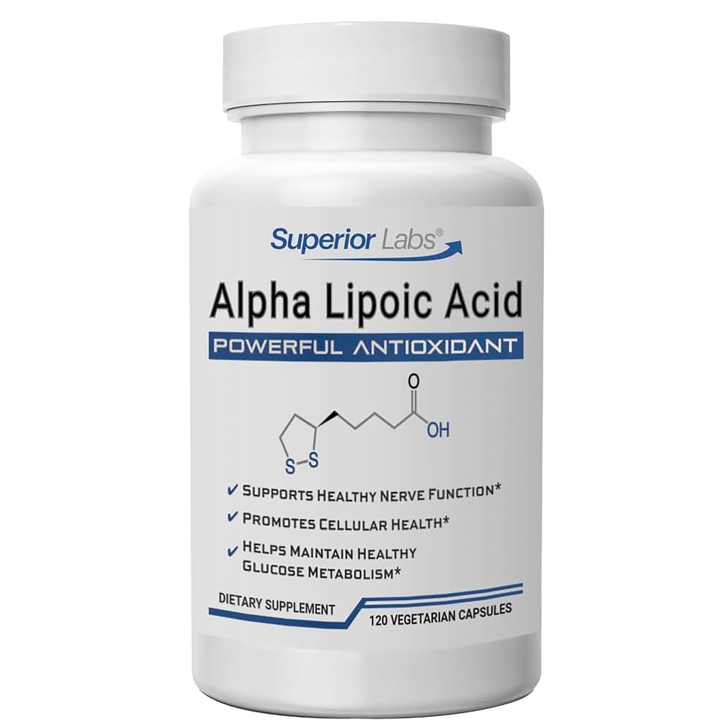 Superior Labs Alpha Kyselina lipoová 600 mg kapsuly, čistá non- GMO ALA, vysoká absorpcia, podpora nervov, zdravá cirkulácia a reakcia nervov, zdravé starnutie Antioxidant, 120 Veg Caps, 4-mesačná dodávka