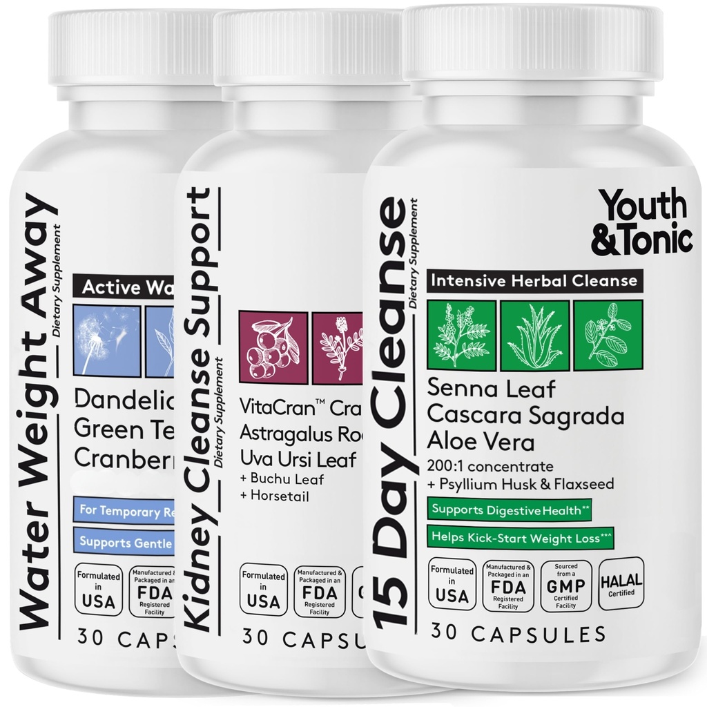 Youth & Tonic Complete Multi-Organ Detox Support 15 Day Colon Cleanser & Gut Detox, Cleanse, Water Balance & Liver Health, 90 Pills for Women and Men