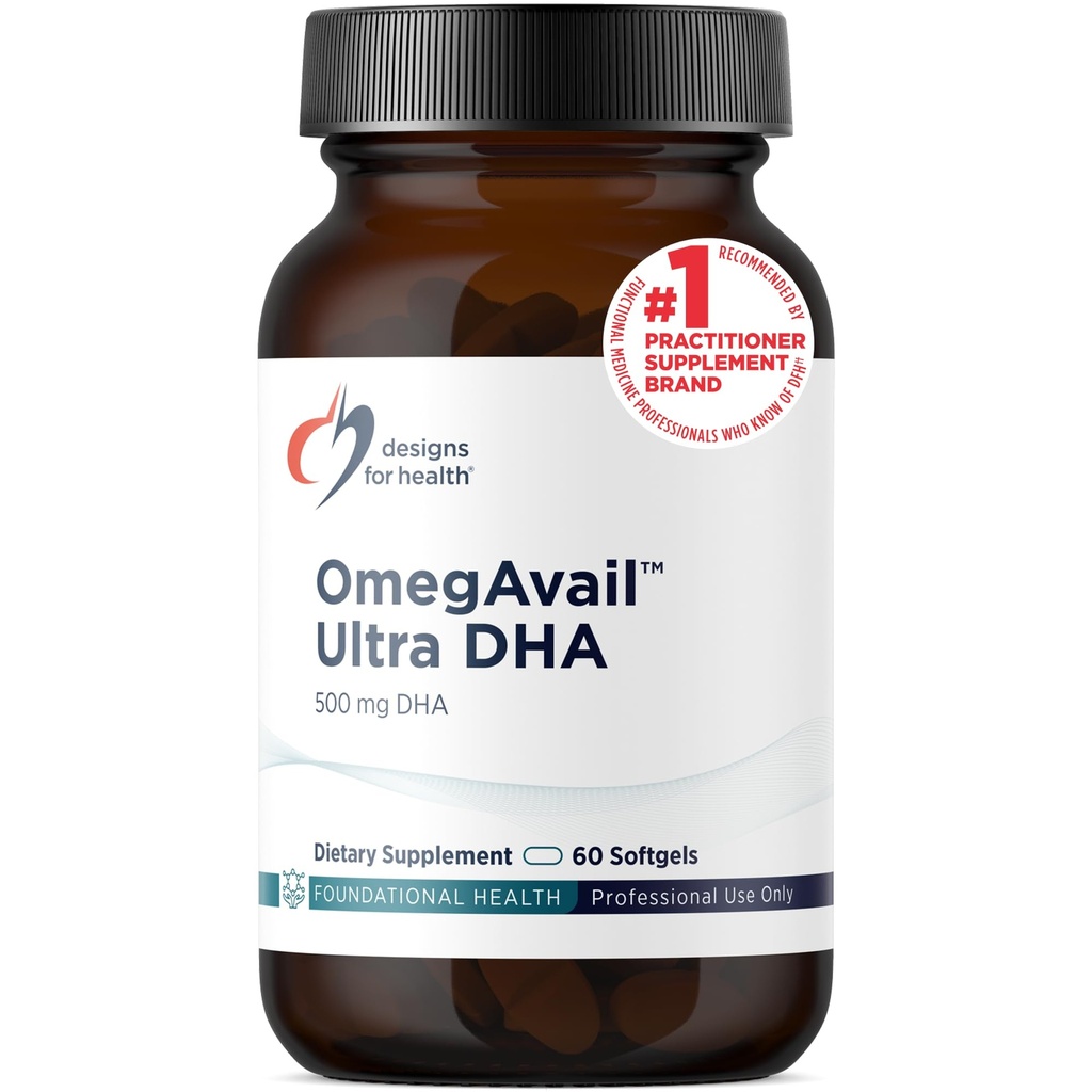 Designs for Health OmegAvail Ultra DHA - Highly Concentrated DHA Triglycerid Fish Oil, TG Fish Oil with 500mg DHA + 100mg EPA - No Fishy Dochute (60 Softgels)