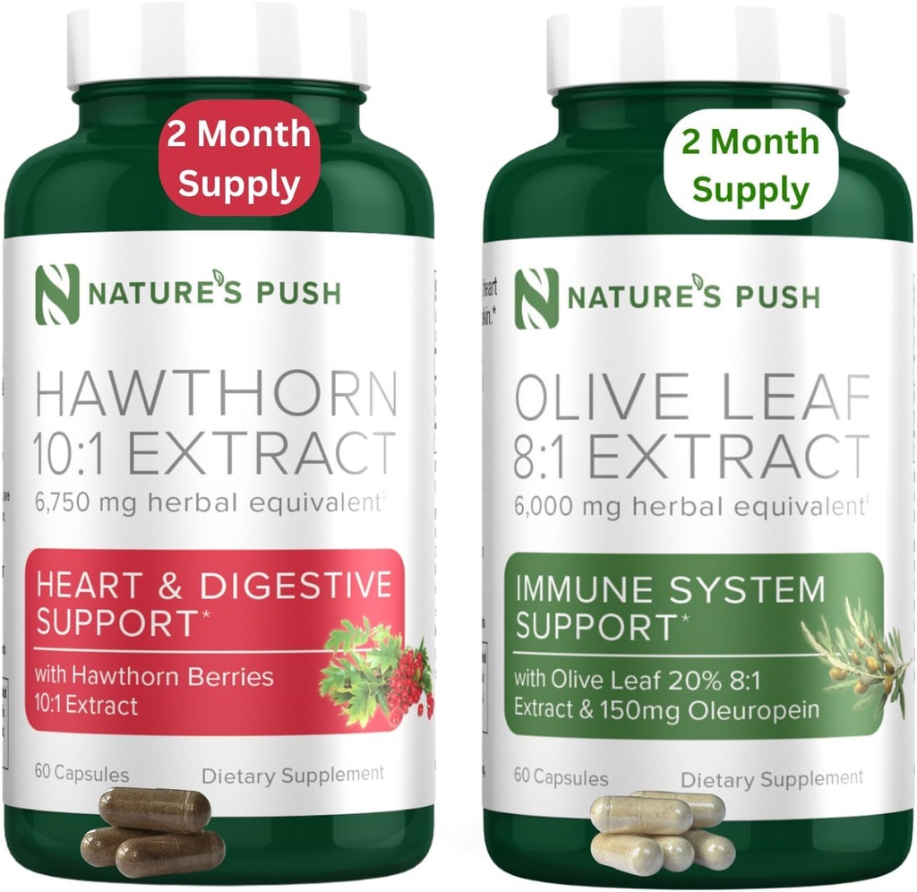 Push Hawthorn Berry and Olive Leaf Bundle of Super Potent 10:1 Hawthorn Berry Extract (2 mesiace dodávky) a Olive Leaf Super Potent 8:1 Extrakt 20% Oleuropein 750mg Kapsula (2 mesiace dodávky)