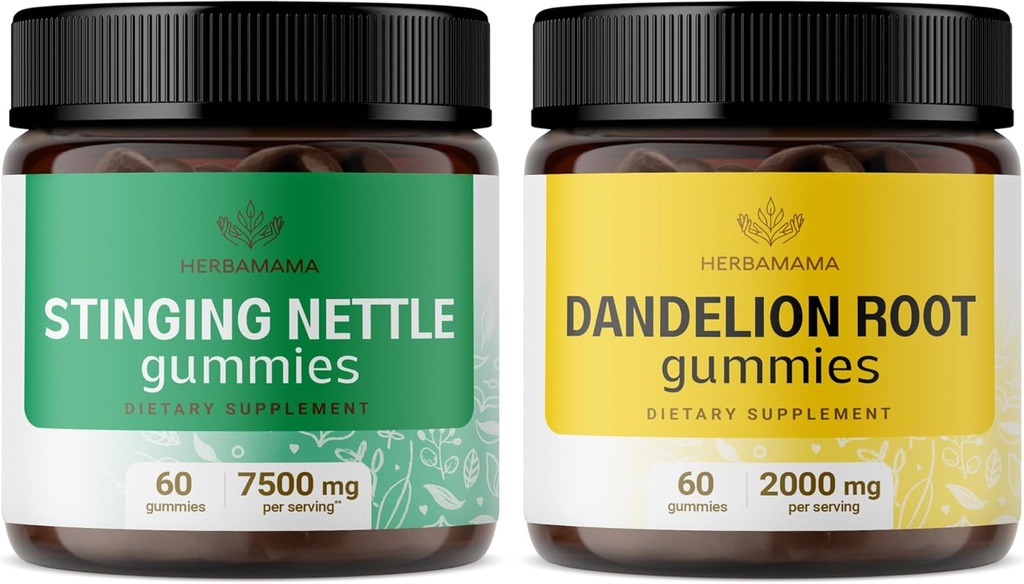 HERBAMAMA Stinging Nettle and Dandelion Kit - Bundle of 7500 mg Stinging Nettle Root & 2000 mg Dandelion Root Gummies - Vegan, Non-GMO, Želatína - 2 balenia