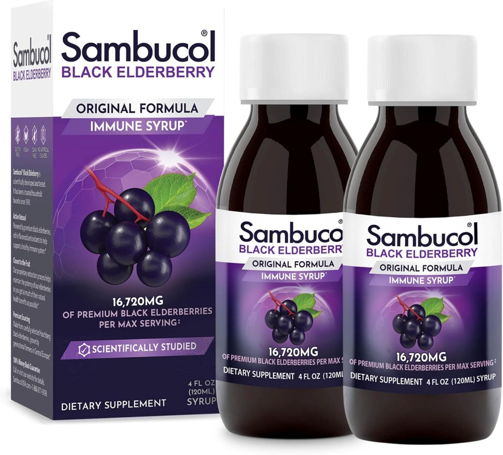 Sambucol Black Elderberry Sirup - Sambucus Elderberry Sirup, Black Elderberry Liquid, Immune Support for Kids and Adults, High Antioxidants, Gluten Free - Original Formula, 4 Fl Oz, 2-Pack