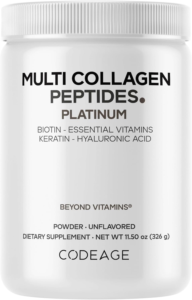 Codeage Multi Collagen for Women & Men Biotin 10000mcg Keratín, Protein Powder Vitamín C B6 D3, Kyselina hyalurónová, Niacín - Hydrolyzovaný kolagénový kávovar 5 typov - Nearomatizovaný - Non-GMO - 11.5oz