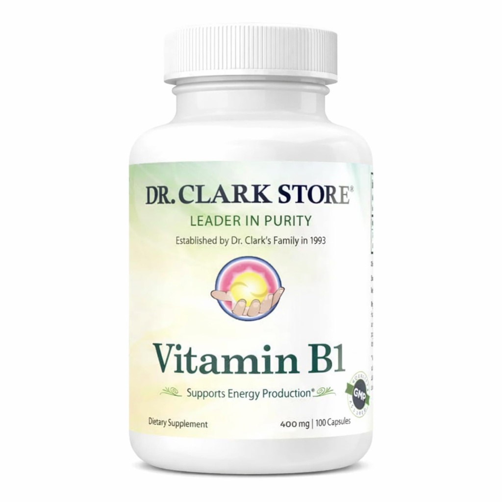 Dr Clark Vitamín B1 Tiamín 400mg Supplement -Thiamine B1 Supplement for Healthy Nervisive System & Energy Metabolizmus, Gluten-free, Dairy Free - 100 Želatína Kapsule