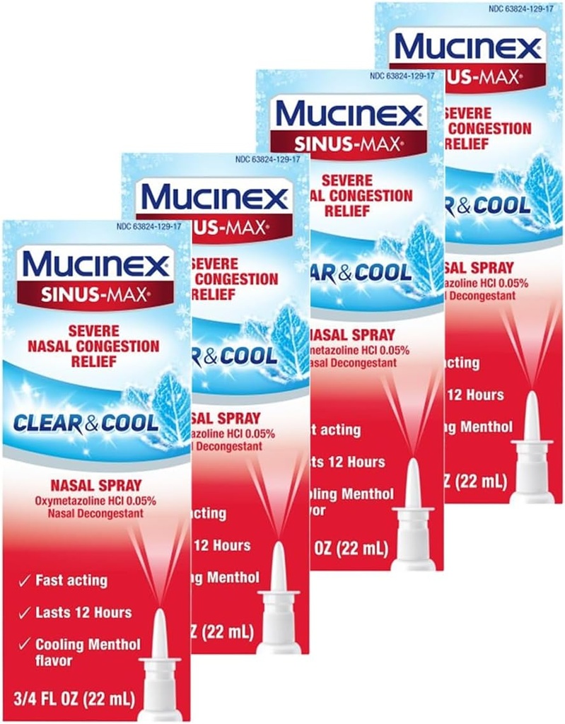 Mucinex Nosal Decongestant Spray, Sinus-Max Ťažké Nasálne kongescie Relief Clear & Cool nosálny sprej, Trvá 12 hodín, Rýchle pôsobenie, Chladenie Menthol Flavor, Balenie Máj Vary, 0,75 Fl Oz (Stoj zo 4)