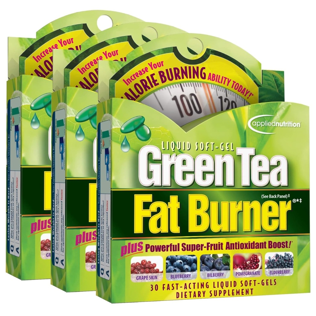 Applied Nutrition Green Tea Fat Burner - 30 Liquid Soft-Gels, Balenie po 3 - Zvyšuje kalórií spaľovanie a dodávky výkonné Antioxidanty - 45 Celkom Servis