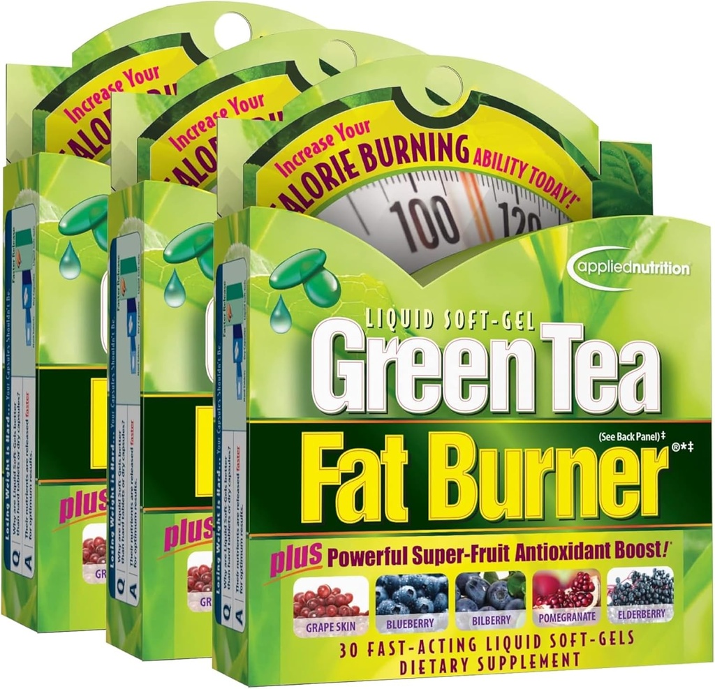 Applied Nutrition Green Tea Fat Burner - 30 Liquid Soft-Gels, Balenie po 3 - Zvyšuje kalórií spaľovanie a dodávky výkonné Antioxidanty - 45 Celkom Servis