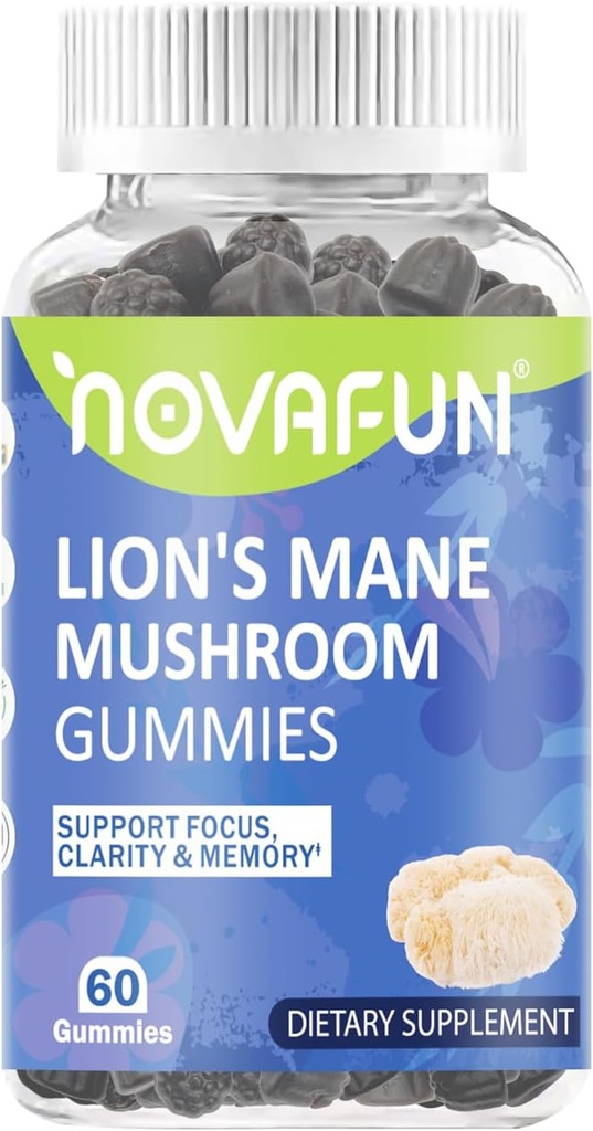 Lion's Mane Mushrom Gummies 1000mg for Focus & Cognitive Support, Vegetarian & Gluten-free, Mixed Berry Flavor, 60 Count
