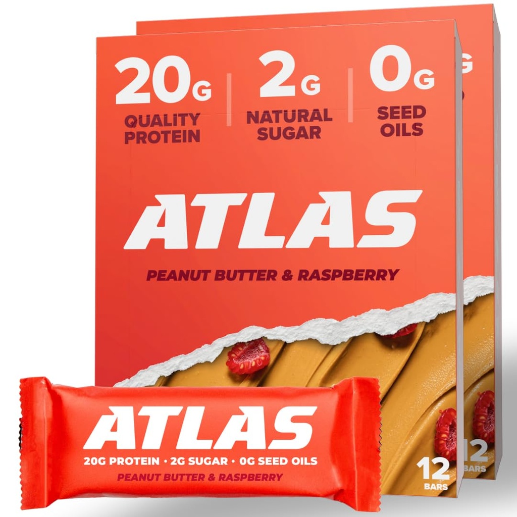Atlas Protein Bar, 20g Protein, 1g Cukor, čisté zložky, bez lepku (Peanut Butter Raspberry, 12 g Count (Pack of 2))