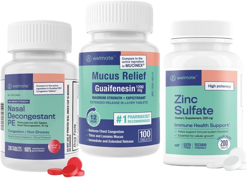 WELMATE Ultimate Cold & Allergy Relief Bundle: Maximálna sila Guaifenesin 1200 Mg Musus Relief (100 tabliet), Fenylefrin HCl 10 mg Nosal Dekongestant (200 tabliet) & Zinkový sulfát 220 mg
