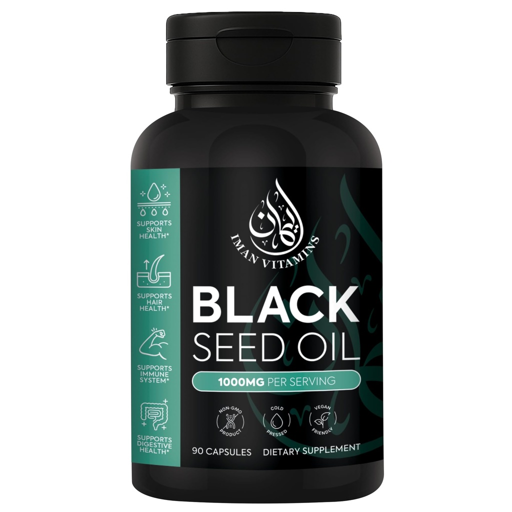 Halal Natural Black Seed Oil Kapsule 1000mg Cold Pressed, Vegan, Non-GMO Nigella Sativa Kapsule, Gluten Free Pills 90 Gróf, 1000mg PS