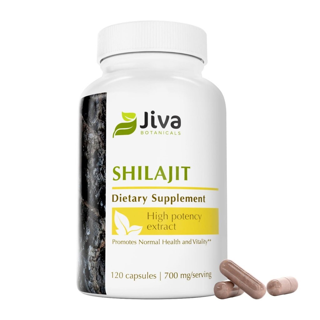 Jiva Botanicals Premium Shilajit Supplement 700 mg - Shilajit Kapsule extrakt s minerálmi, Fulvic/Hummic Acid for Immune Support & Nomal Digestive Health - 120 Vegan Capsule (Pack of 1)
